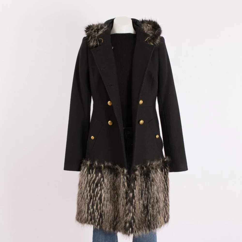 Rachel Zoe Black Wool Military Coat with Faux Fur Trim Size US 8 - Picture 8 of 11